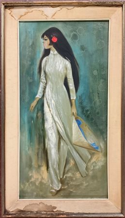 Firma indecifrata "Figura femminile" olio su tela applicata su tavola (cm 68x33