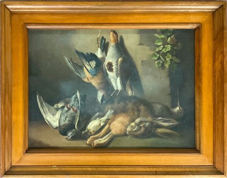 Ignoto. "Composizione con cacciagione" olio su tela (cm 67x50) In cornice (dife