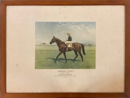 Gruppo di sei fotocalcografie a colori raffiguranti cavalli da corsa con fantin