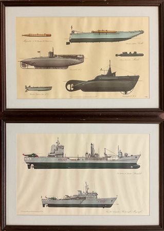 Serie di dieci riproduzioni a colori raffiguranti sommergibili e navi militari