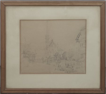 Ignoto del secolo XIX "Veduta di cattedrale" matita nera su carta (mm 305x360 c