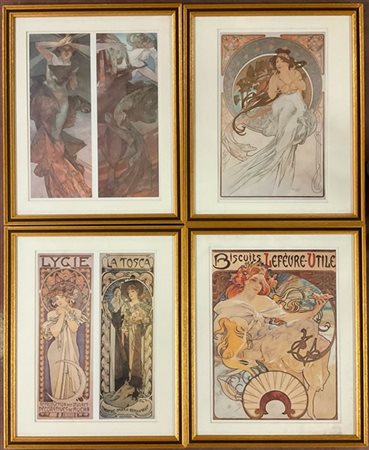 Lotto composto da nove riproduzioni da illustrazioni di Alfonse Mucha, misure d