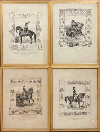 Lotto composto da otto litografie relative all'equitazione (cm 39x52) in cornic