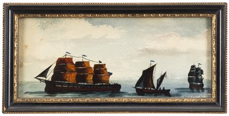 Ignoto "Velieri" due tecniche miste (cm 8x18; cm 8x16,5) In cornici in legno eb