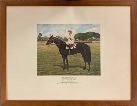 Gruppo di quattro fotocalcografie a colori raffiguranti cavalli da corsa con fa