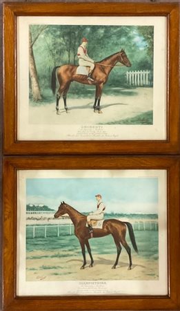 Gruppo di nove fotocalcografie a colori raffiguranti cavalli da corsa con fanti