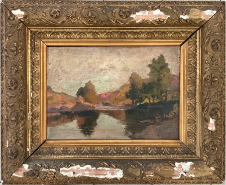 Andrea Figari "Paesaggio fluviale" olio su tavola (cm 32x45) Firmato in basso a