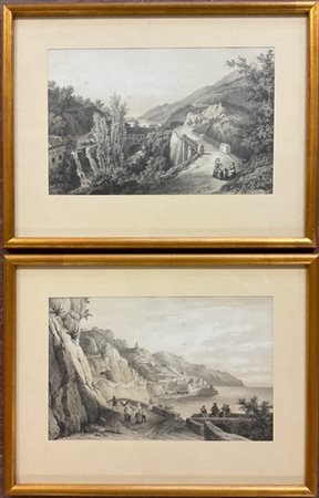 Coppia di litografie monocrome raffiguranti scorci di Vietri e Amalfi nel Golfo