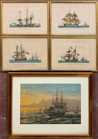 Gruppo di cinque incisioni francesi a colori raffiguranti marine con velieri (c