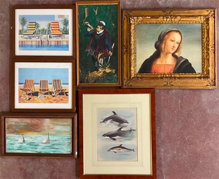 Lotto composto da quattro riproduzioni e due dipinti, di soggetto e dimensioni