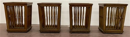 Quattro cestini a listelli in legno intagliato (h. cm 41) (difetti)