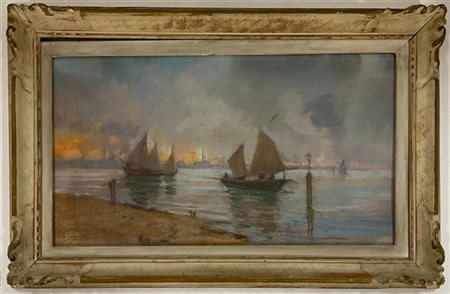 Antonio Cannata "Barche in laguna" tecnica mista su cartone (cm 46x81) Firmato i