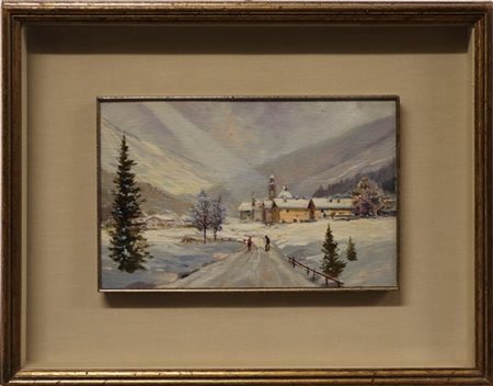 Ignoto della seconda metà del XIX "Paesaggio invernale" olio su cartone (cm 15x