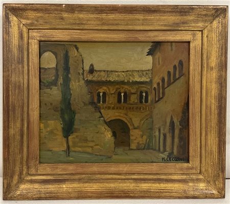 M. Cecconi "Cortile con cirpresso" olio su cartone (cm. 31,5x38) Firmato in bass