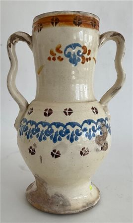Manifattura di Grottaglie, secolo XIX. Vaso biansato in ceramica smaltata decor