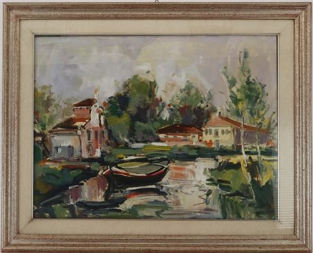 Millo Bortoluzzi "Riviera del Brenta" 1975, olio su tela (cm 60x80) etichetta de