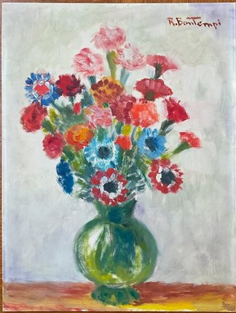 Renato Bontempi "Vaso con fiori" due dipinti ad olio su cartone telato (cm 40x30