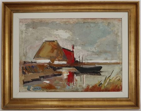 Millo Bortoluzzi "Paesaggio lacustre" tecnica mista su tela (cm 49x69) firmato i