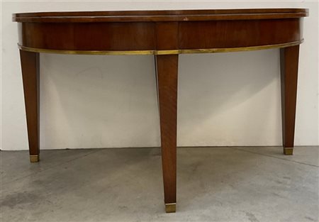 Tavolo da parete a mezzaluna in noce con piano a libro, bordure e piedi in meta