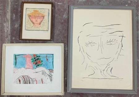 Lotto composto da una litografia di Virgilio Guidi raffigurante volto (cm 64x47