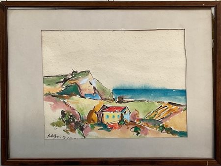 Attilio Alfieri "Paesaggio" 1972 - 73, tempera su cartoncino (cm 28x38), firmato