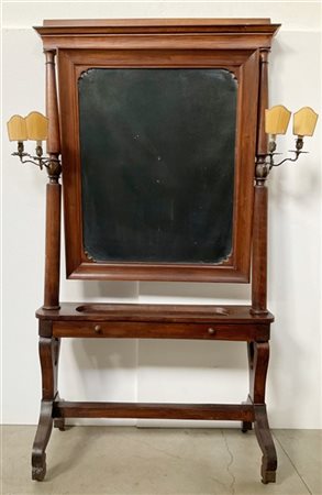 Psiche in legno tinto con specchio rettangolare basculante e montanti a colonna