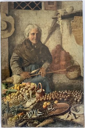 Ignoto "Fruttivendola" olio su tela (cm 57x37) (difetti e restauri)