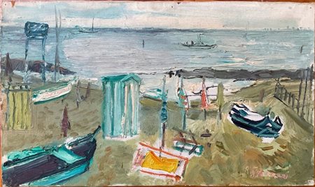 Angelo Ferrari due oli su tela raffiguranti rispettivamente spiaggia e vaso con