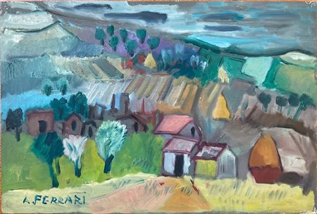 Angelo Ferrari due oli su cartone telato raffiguranti rispettivamente paesaggio