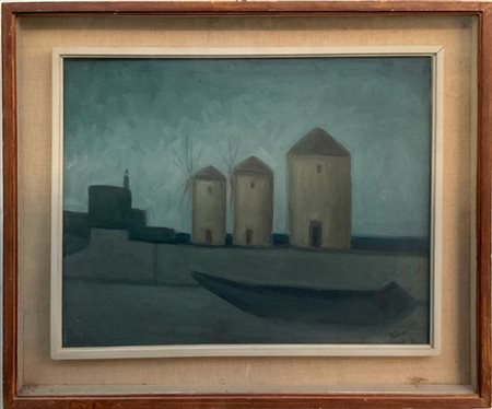 Salvatore Blasco "I mulini a vento a Rodi" 1964, olio su tela (cm 40x50) firmato