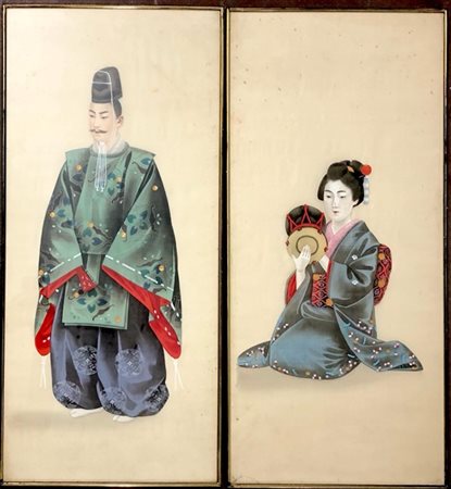 Due dipinti su seta raffiguranti personaggi giapponesi
Giappone, sec.XX
(h.max