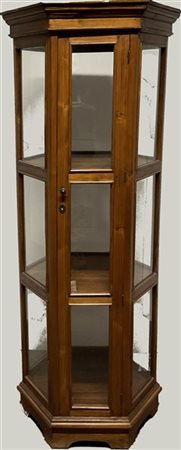 Vetrina da centro a sezione esagonale in legno ad un'anta e tre ripiani (cm 73x