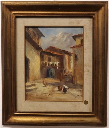 Ignoto del XIX secolo "Borgo montano con galline" olio su compensato (cm 40x30)