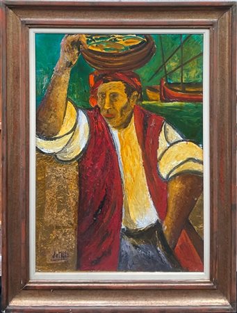 Antonio De Muro "il pescatore" 1958, tecnica mista su masonite (cm 90x70) firmat