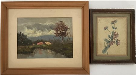 Lotto composto da un dipinto raffigurante fiori ed un olio su compensato raffig