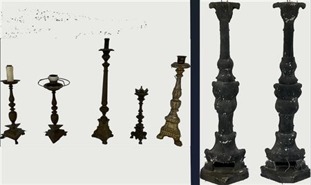 Lotto composto da diversi antichi candelieri in bronzo e materiali vari (h max 