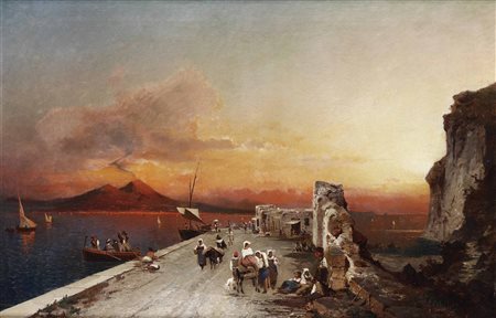 Franz Richard Unterberger 1838-1902, Scena di porto sl tramonto