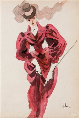 GOLIA (Eugenio Colmo) Torino 1885 - 1967 "Amazzone rossa" 31x21 acquerello su...