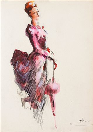 GOLIA (Eugenio Colmo) Torino 1885 - 1967 "Donna in rosa con ombrellino" 30x21...