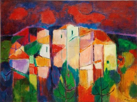 PAULUCCI ENRICO Genova 1901 - 1999 Torino "Paese delle Langhe" anni '80 60x81...