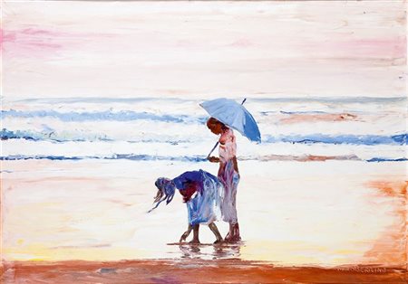BERRINO MARIO Alassio (SV) 1920 - 2011 "Bambine sulla spiaggia" 70x100 olio...