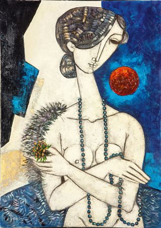 LANDI BRUNO Roma 1941 "Donna con pelliccia" 2007 98x68 olio su tela Opera...