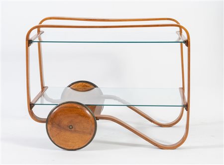 Carrello in legno con ripiani in vetro. Lievi difetti. Prod. Italia, 1960 ca....