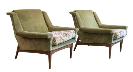 FRAMAR Coppia di poltrone con struttura in legno e rivestite in stoffa...