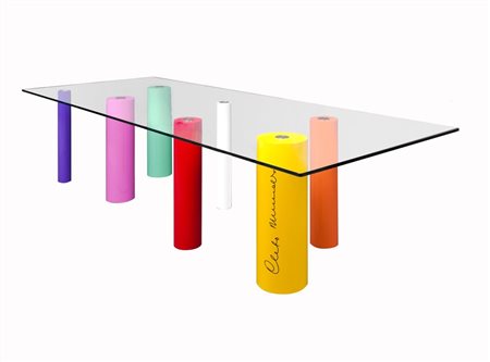 CLETO MUNARI Tavolo con gambe in legno rivestite in PVC e piano in cristallo...