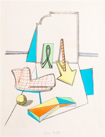 Lucio Del Pezzo (Napoli 1933 - Milano 2020), “Senza titolo”, Anni ‘70.Litografia a colori su