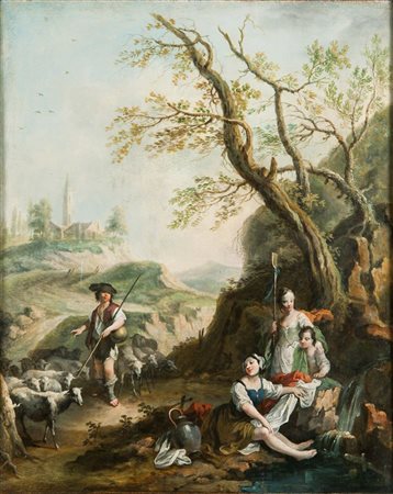 PITTORE ANONIMO fine XVIII secolo Paesaggio collinare con pastore e il suo...