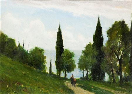 COLMO GIOVANNI Torino 1867 - 1947 "Paesaggio con figure" 30x43 olio su...