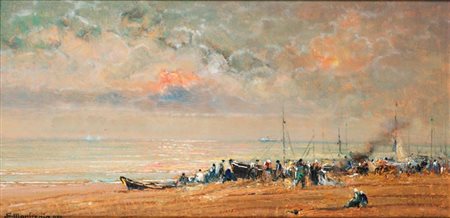 MANFREDI SERGIO Torino 1932 "Spiaggia a sera" 1979 25x50 olio su tavola Opera...