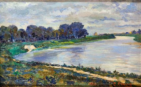 CROVA DI VAGLIO CLEMENTE Torino 1850 - 1921 "Paesaggio fluviale" 14x22 olio...